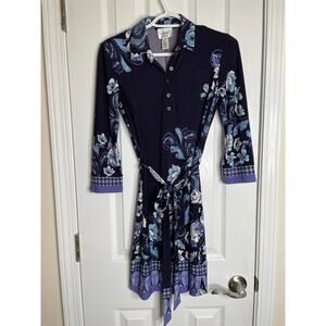 DM Collection Womens Office Dress Size 2P Navy Blue Floral Belted Collar Stretch